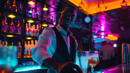 Barman working in a bar with neon lighting 