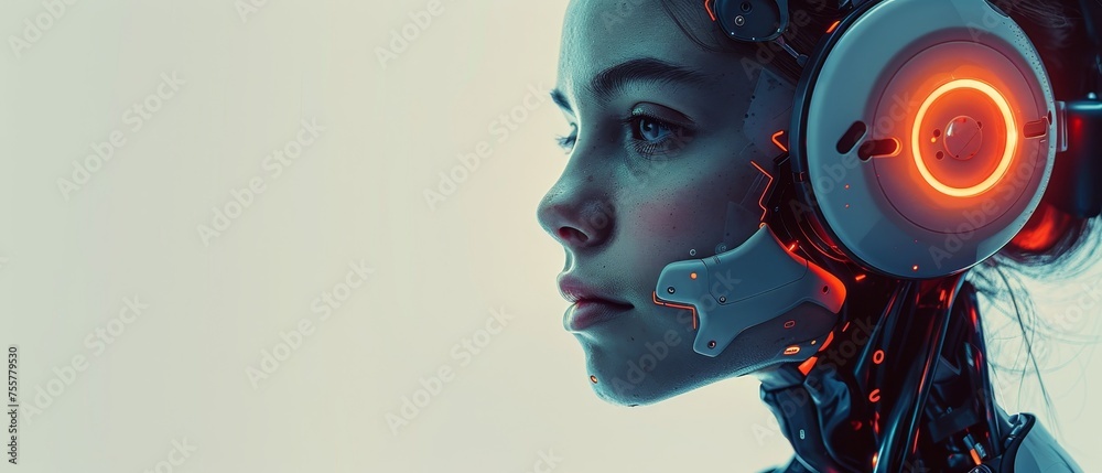 Poster humanoid female cyborg avatar chatbot. round icon of face of ai in image. logo of online tech suppor