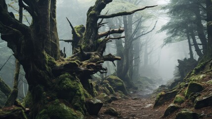 A misty, ancient forest with gnarled tree trunks