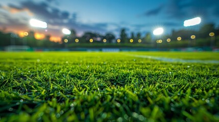 Vibrant Green Grass Field With Stadium And Flood Lights In Blurred Background