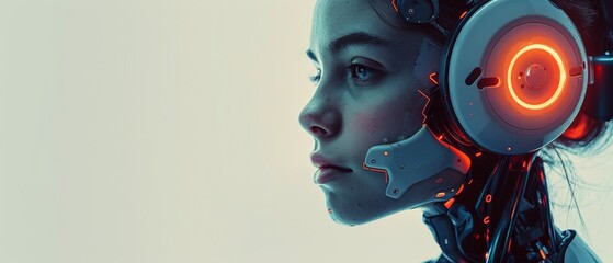 Humanoid female cyborg avatar chatbot. Round icon of face of AI in image. Logo of online tech support chat bot. Headset with microphone on head. - obrazy, fototapety, plakaty