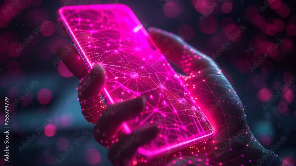 Aufkleber A hand holding a mobile phone with an empty screen. Low poly style design. Geometric background. Wireframe light connection structure. Modern 3d graphic concept. Isolated  illustration.