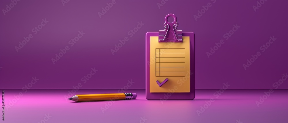 Aufkleber A 3D rendering of a task list with a tick mark. The paper document has a pencil scribbled on it. Business time concept. Task management. Cartoon icon isolated on purple background.