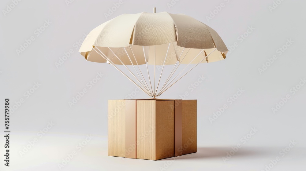 Aufkleber cartoon creative design icon isolated on white background. 3d rendering of cardboard box with parach