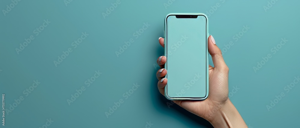 Leinwandbilder An empty screen is shown in this 3D hand holding mobile phone. An empty screen is shown in this 3D hand holding mobile phone. Cartoon smartphone isolated on a blue background. Phone device mockup