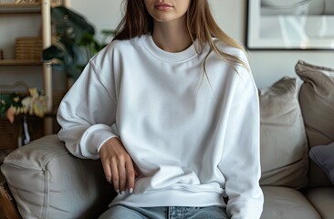 a girl in a white hoodie is sitting on a sofa in a bright living room, the emphasis is on a hoodie, a place for a logo or advertisement, a layout 3