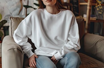 a girl in a white hoodie is sitting on a sofa in a bright living room, the emphasis is on a hoodie, a place for a logo or advertisement, a layout 5