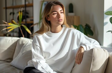 a girl in a white hoodie is sitting on a sofa in a bright living room, the emphasis is on a hoodie, a place for a logo or advertisement, a layout 4
