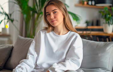 a girl in a white hoodie is sitting on a sofa in a bright living room, the emphasis is on a hoodie, a place for a logo or advertisement, a layout 6
