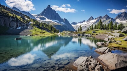 Naklejka na ściany i meble A serene alpine lake surrounded by rugged peaks