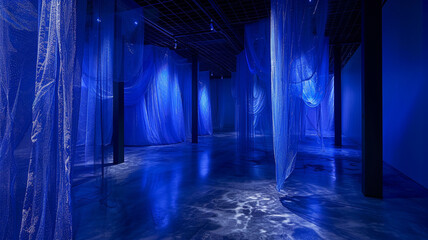 Indigo ambiance cloaking eerie installations, their presence felt more than seen in the darkness.