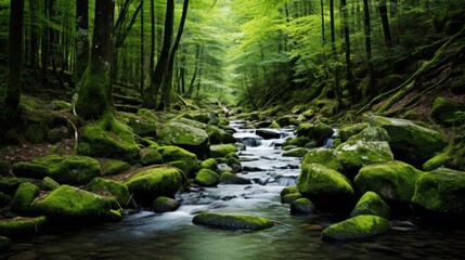 A serene forest stream with mossy rocks