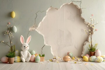 Large hole in the wall and Easter decorations around, empty copy space Generative Ai 