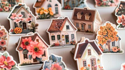 A bunch of small houses with flowers on them are sitting next to each other, AI - Powered by Adobe