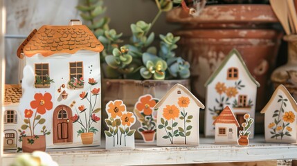 A shelf with a bunch of little houses and flowers on it, AI