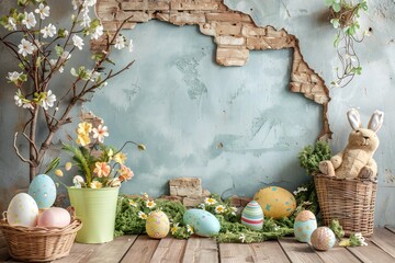 Large hole in the wall and Easter decorations around, empty copy space Generative Ai 