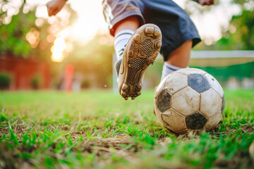 Kid playing Soccer (football) , close up feet with ball in the park. - obrazy, fototapety, plakaty