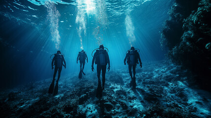 Scuba divers exploring underwater depths. - obrazy, fototapety, plakaty