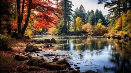 Obraz premium A tranquil pond surrounded by autumn foliage for a seasonal feel