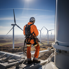 Tachnicians at construction site of wind turbine checking and maintanance Electricity wind generator. green energy renewable ecology care