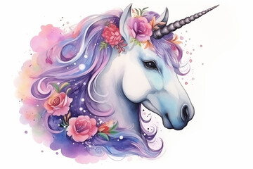 watercolor painting the portrait of vibrant galaxy unicorn, decorated with floral, isolate on clean white background