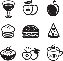 Food and drink icons set vector black outline logo white background	