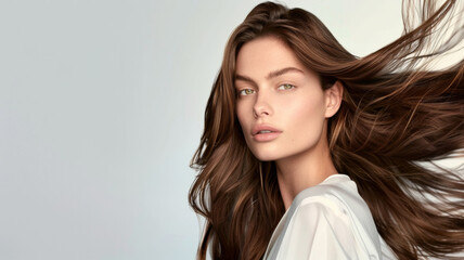 Fototapeta premium Model with flowing hair exudes a dynamic elegance against a minimalist background.