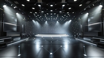 create a black and silver night club room environment with a center stage surround by white lights gleaming