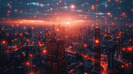 Fototapeta premium A futuristic city networked with fiber optic cables, enabling ultra-fast internet and smart city technologies