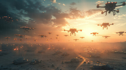Swarm of drones hovering above a desert landscape at sunset.
