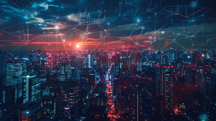 A futuristic city networked with fiber optic cables, enabling ultra-fast internet and smart city technologies