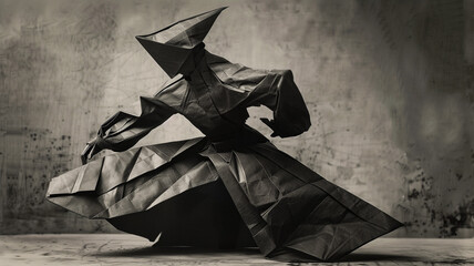 Paper ninja in the style of an origami puppet in a dramatic pose. Vintage B&W style photo with high contrast and paper background.