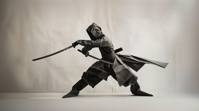 Paper ninja, origami puppet in a dramatic pose. Vintage B&W photo with high contrast and paper background.