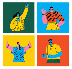 Happy positive people. Man and woman team gesturing with hands, fingers. Love, support, solidarity, ok expressions. Flat graphic vector illustration isolated on white background