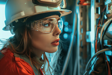 Young beautiful woman is an electrician, wearing helmet and protective glasses, working with multimeter in fuse box in new apartment. - obrazy, fototapety, plakaty