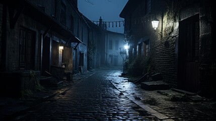 Dark alleyway in a haunted town with eerie lantern light - obrazy, fototapety, plakaty