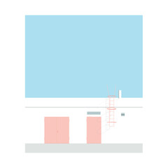 Vector illustration of modern architecture. Minimal architectural building poster. Peach fuzz, pantone 2024. Summer mood. Blue, pink, white