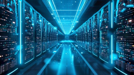 A high-tech data center utilizing 5G speeds for enhanced cloud computing security and efficiency