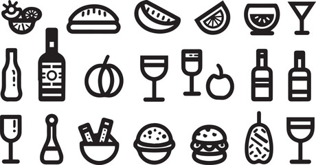 Food and drink icons set vector black outline logo white background	