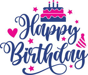 Happy Birthday typography design on plain white transparent isolated background for card, shirt, hoodie, sweatshirt, apparel, tag, mug, icon, poster or badge