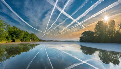 chemtrails, contrails from airplanes in the sky, landscape, clouds, water, nature, air pollution, danger, chemicals, environmental protection - obrazy, fototapety, plakaty