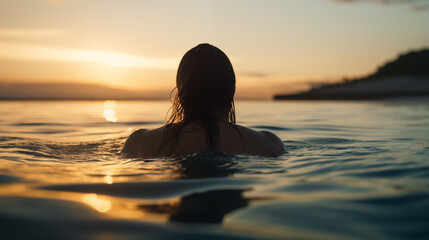 Silhouette of female in water enjoying sunset over sea swims in the pool rear view from the back...