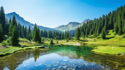 Serene mountain lake surrounded by lush forests
