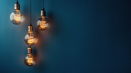 Incandescent lamp idea concept on blue wall background, copy space. generative AI image