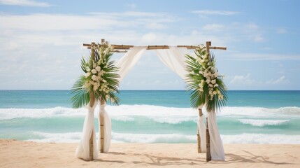 Tropical beach wedding with a bamboo arch