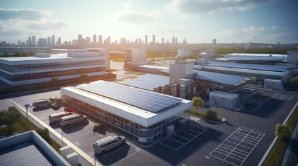 Fotobehang store hypermarket large building with parking and cars warehouse for goods solar panels on factory rooftop © Dm