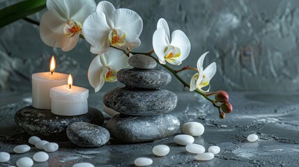 Obraz na płótnie Canvas Zen stones with candles and white orchid flowers on green and gray background