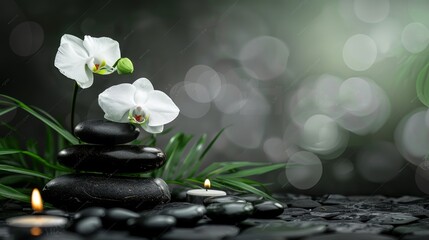 Zen stones with candles and white orchid flowers on green and gray background