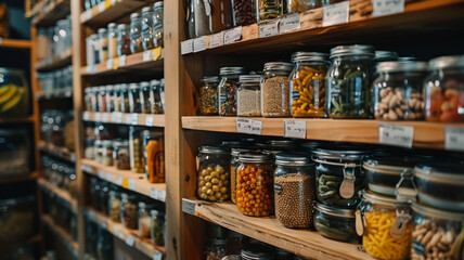 Jars of various dry goods neatly organized on wooden shelves.