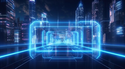 Futuristic city with glowing neon hologram. Smart city and digital network connection concept.